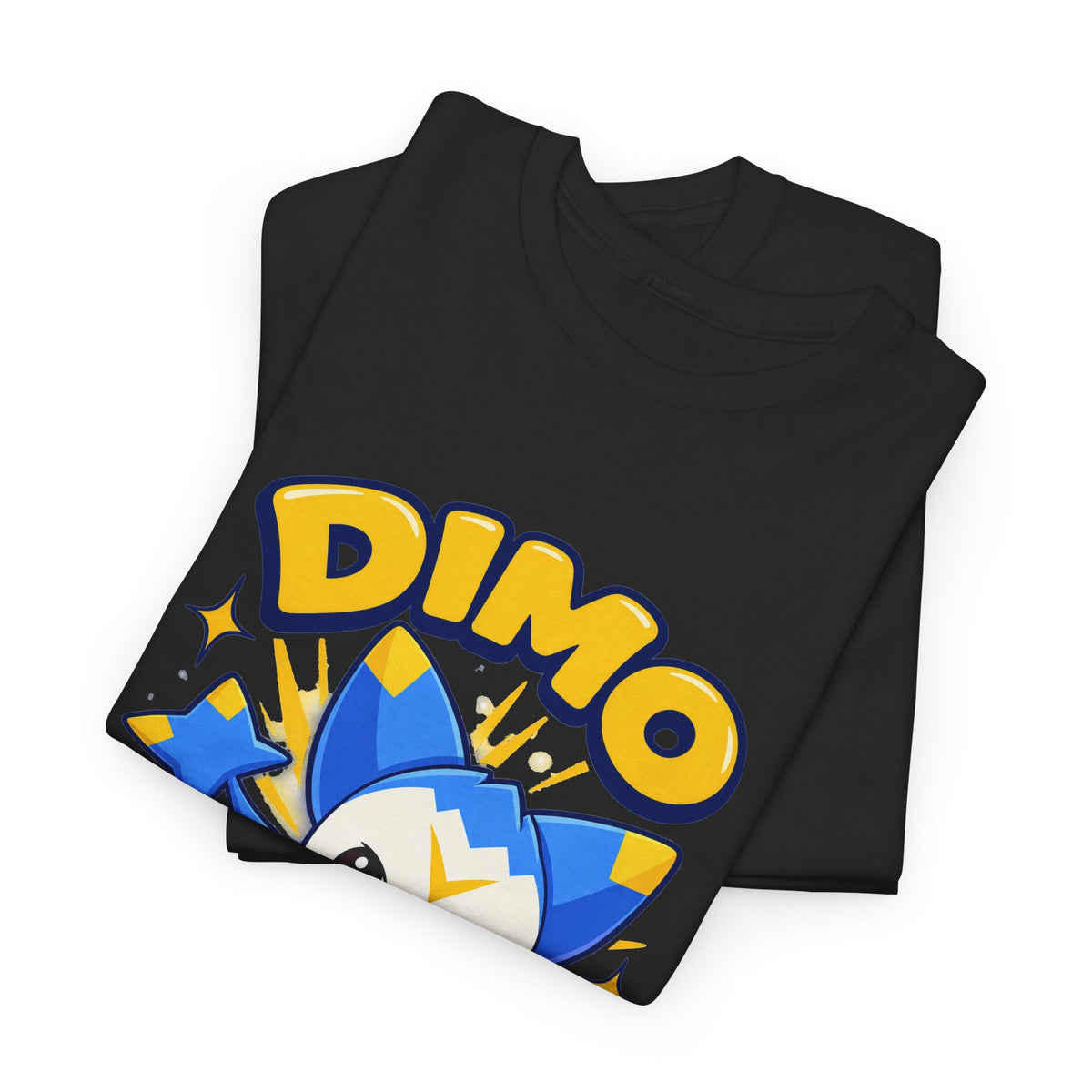 Dimo shirt in black, folded – Dimo Light Burst design, official Roco Kingdom merch