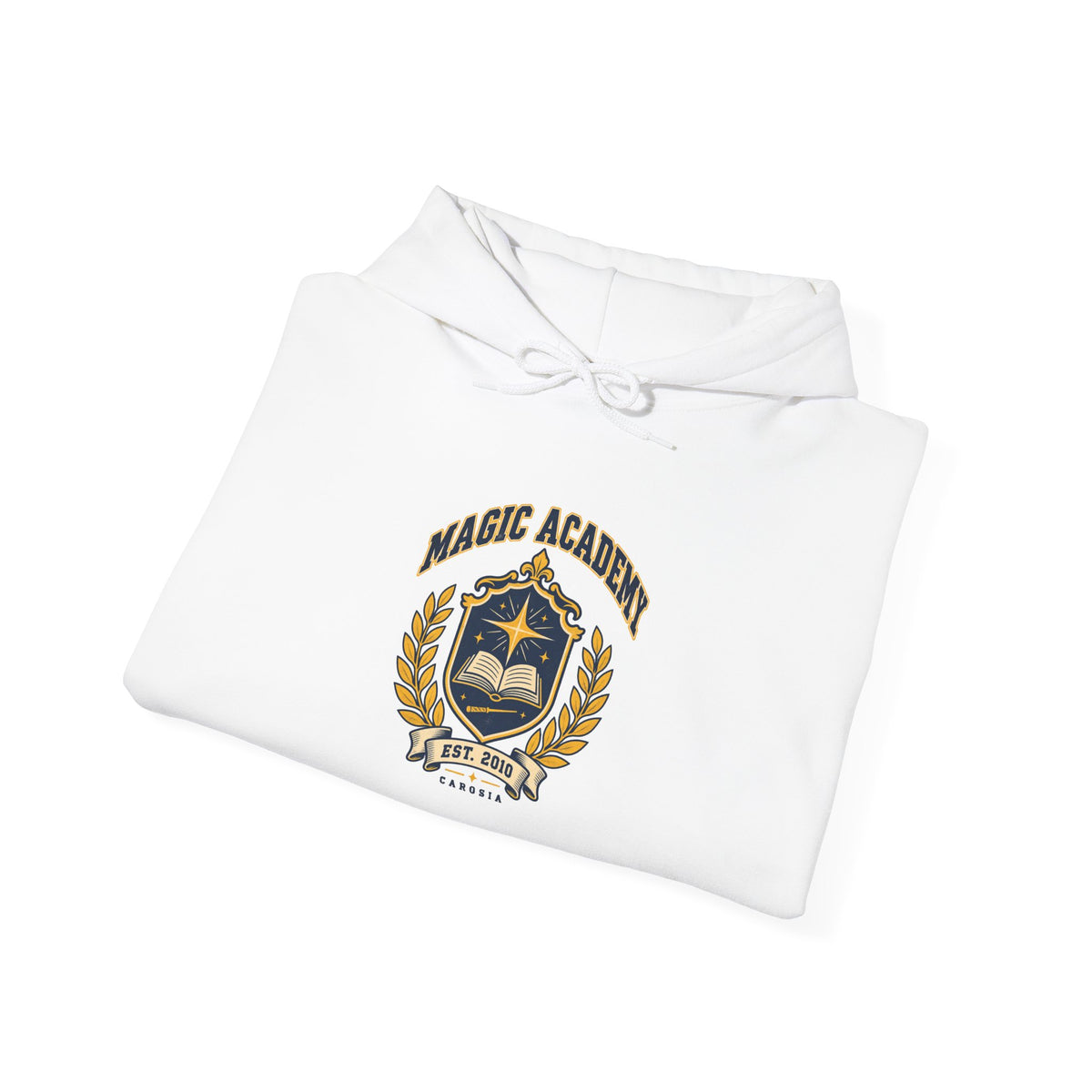 Roco Kingdom Magic Academy hoodie in black, front view – Magic Academy Crest design, official Roco Kingdom merch