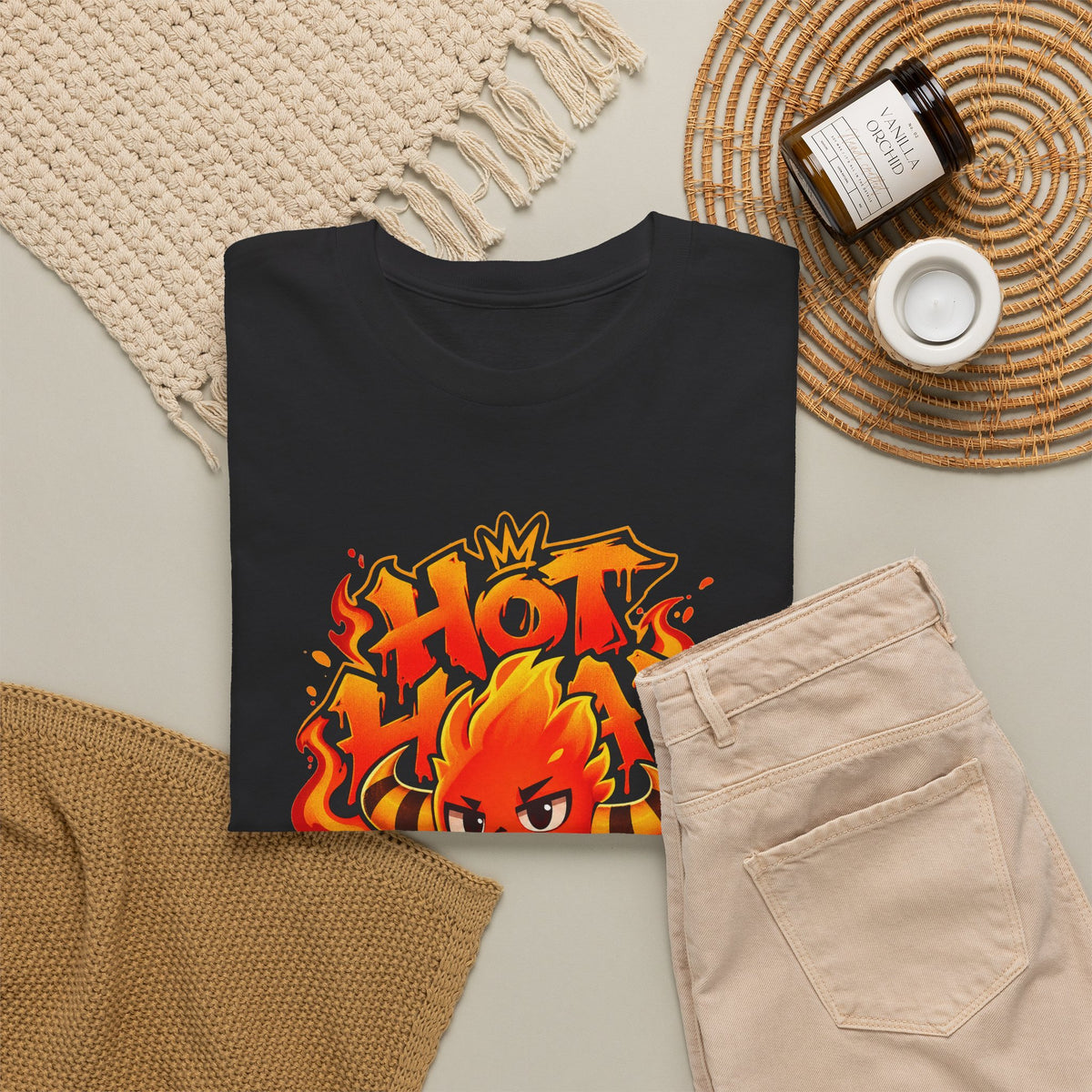 Roco Kingdom fire type shirt in black, folded – Sparka Hot Head Graffiti design, official Roco Kingdom merch