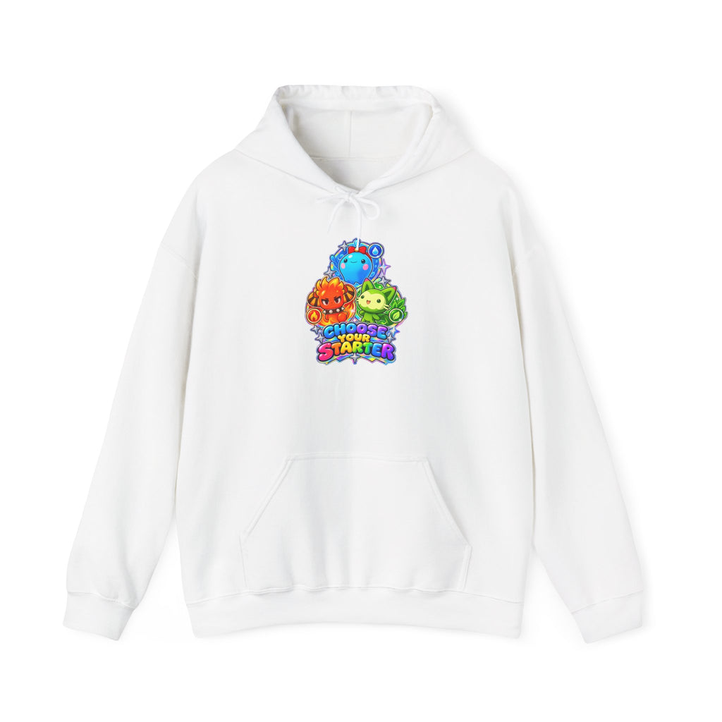 Holo starters hoodie in white, front view – Choose Your Starter Holo design, official Roco Kingdom merch