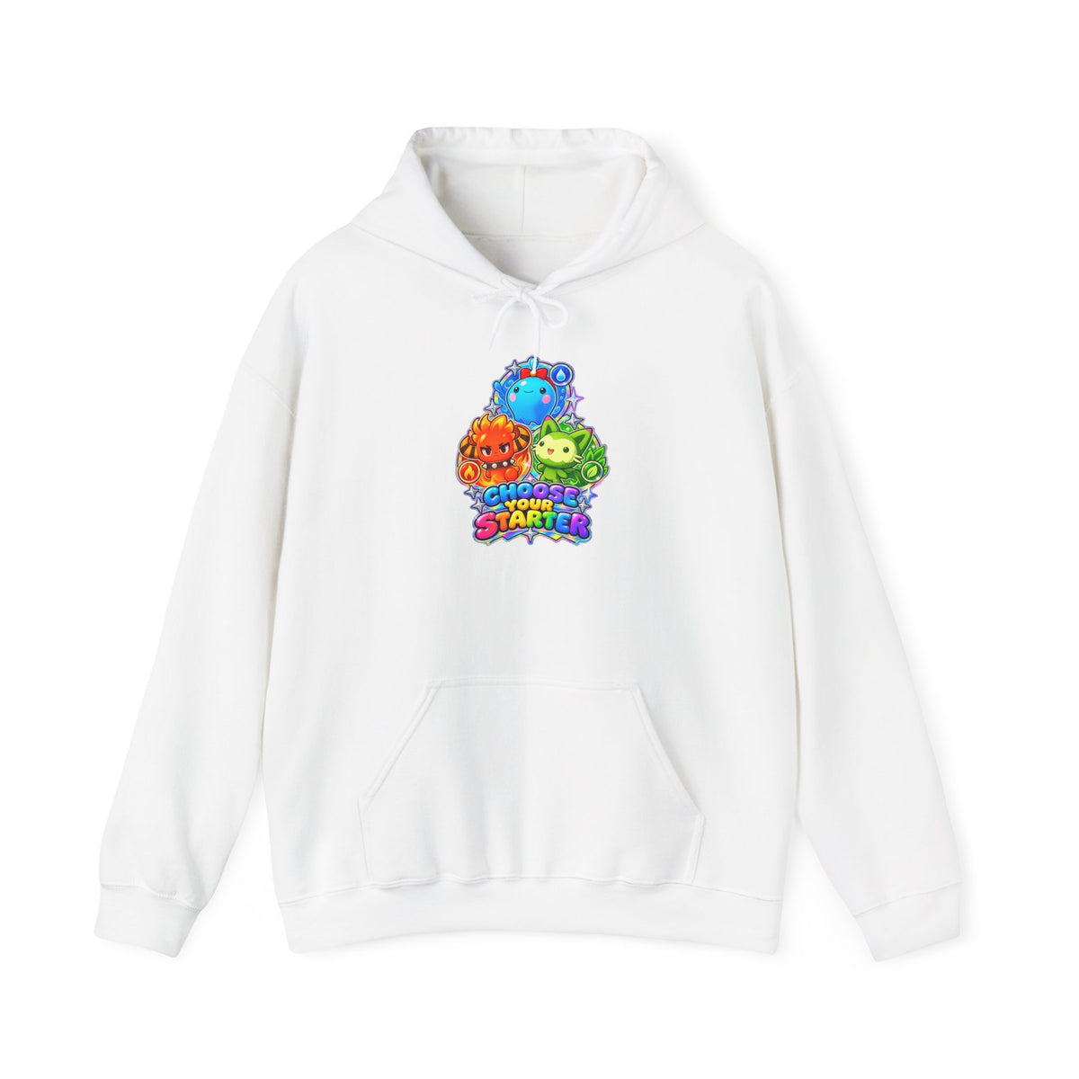 Holo starters hoodie in white, front view – Choose Your Starter Holo design, official Roco Kingdom merch