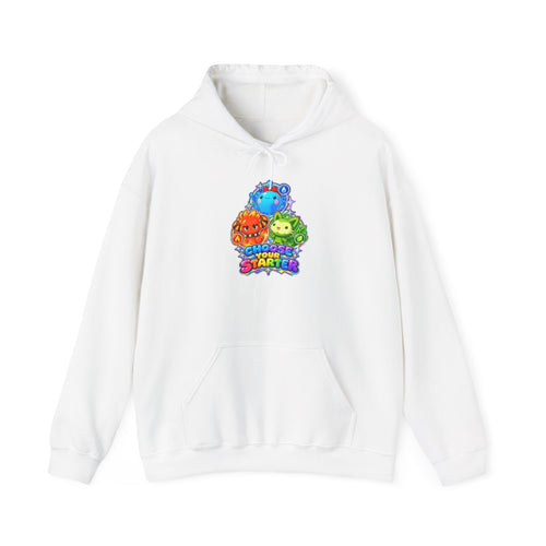 Holo starters hoodie in white, front view – Choose Your Starter Holo design, official Roco Kingdom merch