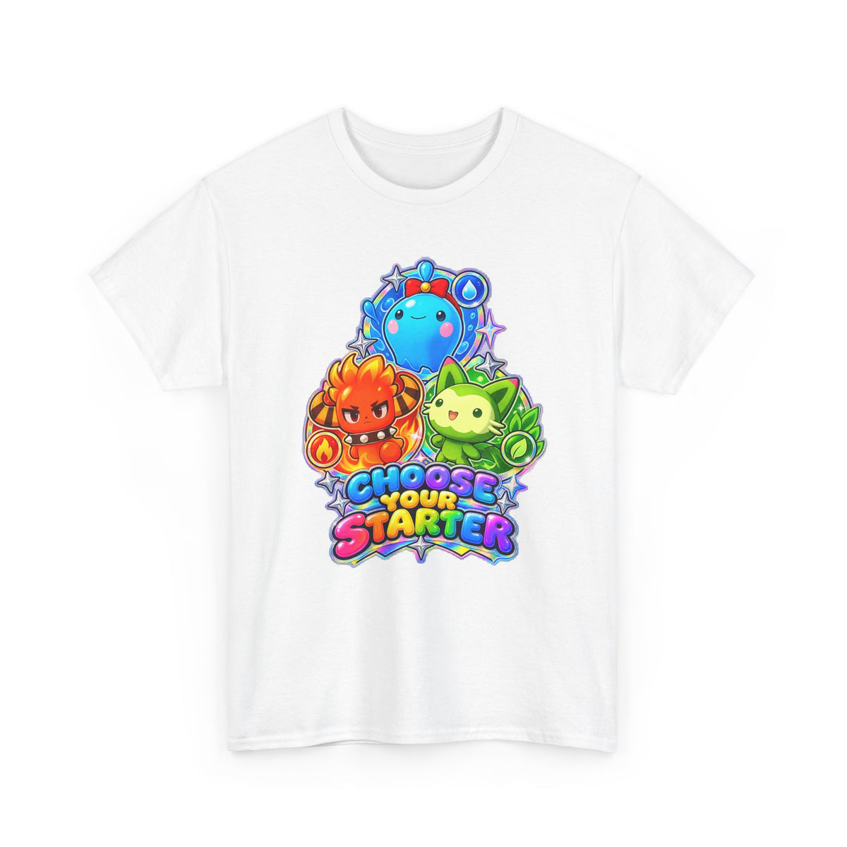 Holo starters tee in white, front view – Choose Your Starter Holo design, official Roco Kingdom merch