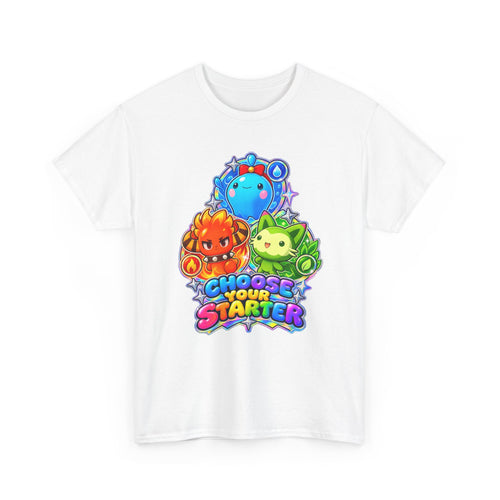 Holo starters tee in white, front view – Choose Your Starter Holo design, official Roco Kingdom merch