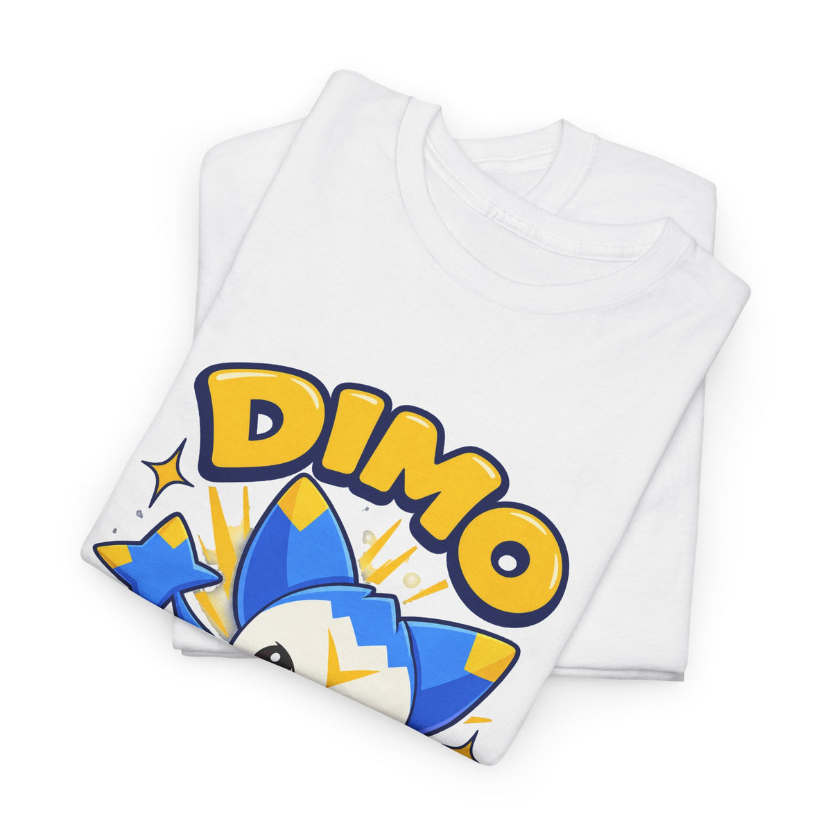 Dimo shirt in white, folded – Dimo Light Burst design, official Roco Kingdom merch
