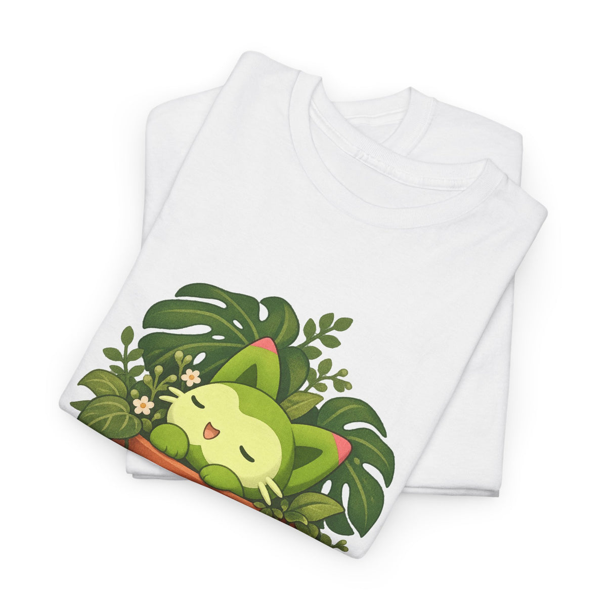 Meevy grass type tee in white, folded – Meevy Jungle Pot design, official Roco Kingdom merch