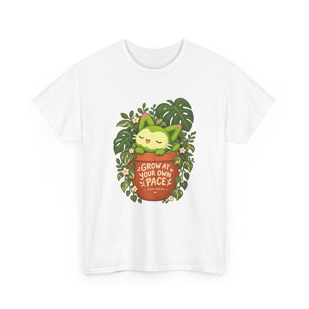Team Meevy shirt in white, front view – Meevy Grow at Your Own Pace design, official Roco Kingdom merch