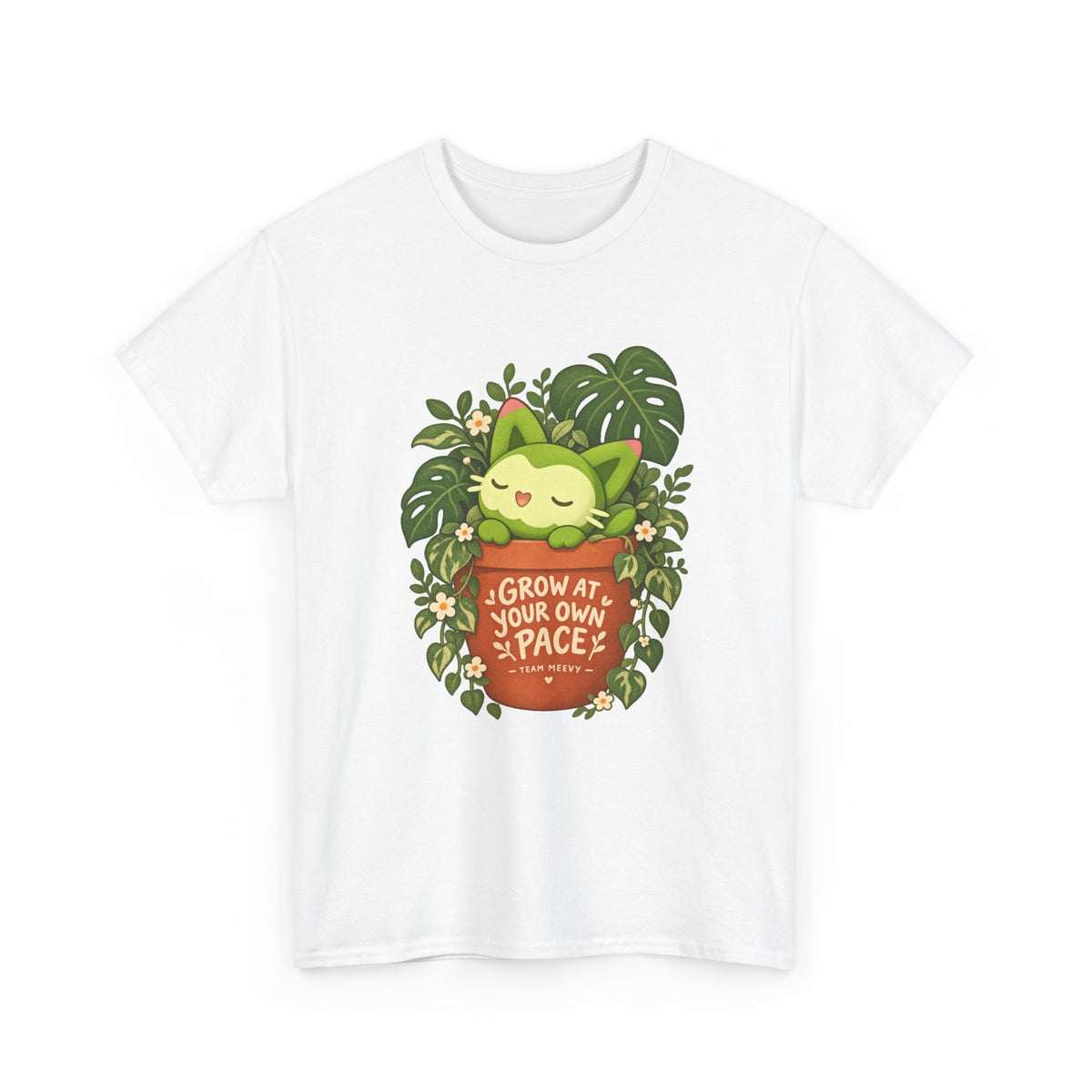 Team Meevy shirt in white, front view – Meevy Grow at Your Own Pace design, official Roco Kingdom merch