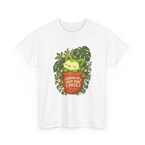 Team Meevy shirt in white, front view – Meevy Grow at Your Own Pace design, official Roco Kingdom merch