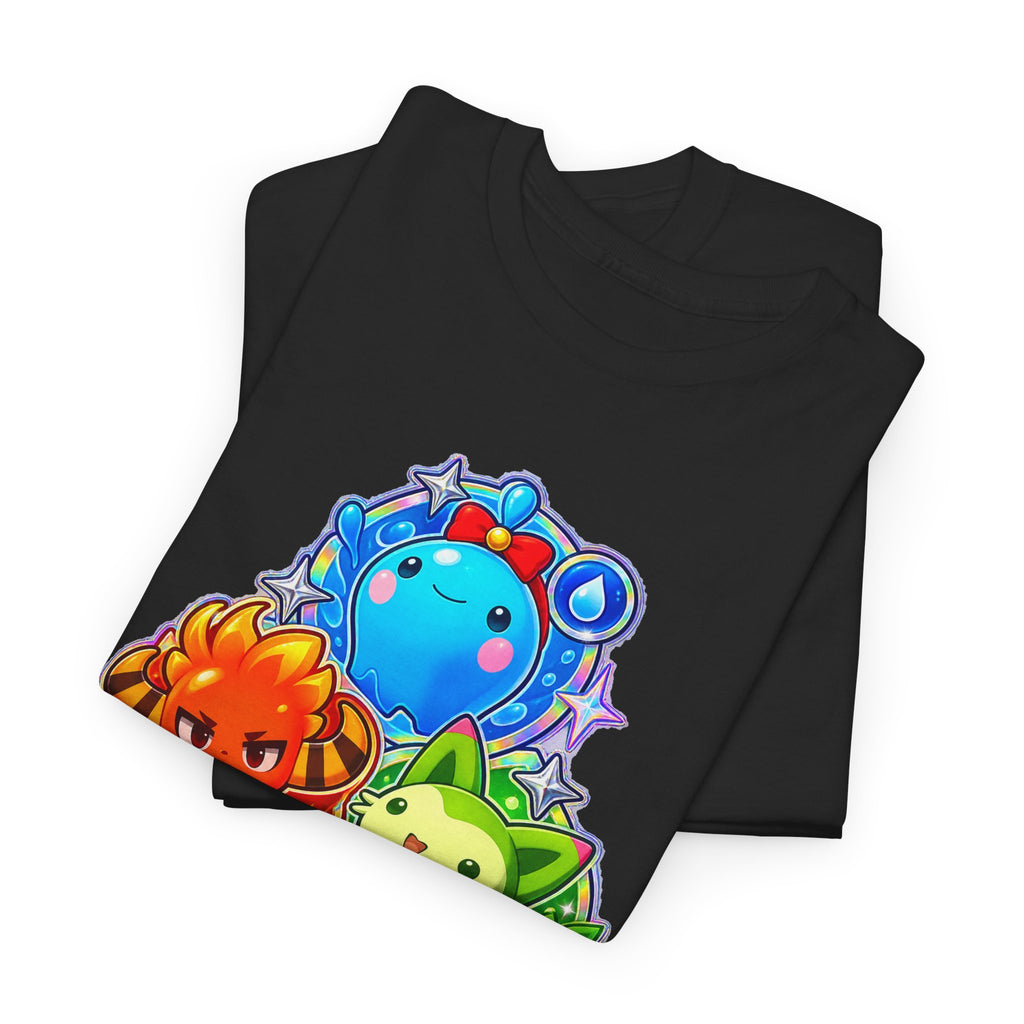 Holo starters tee in black, folded – Choose Your Starter Holo design, official Roco Kingdom merch