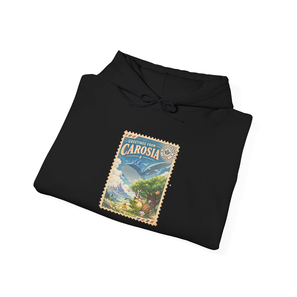 Carosia postcard hoodie in black, folded – Carosia Postcard design, official Roco Kingdom merch