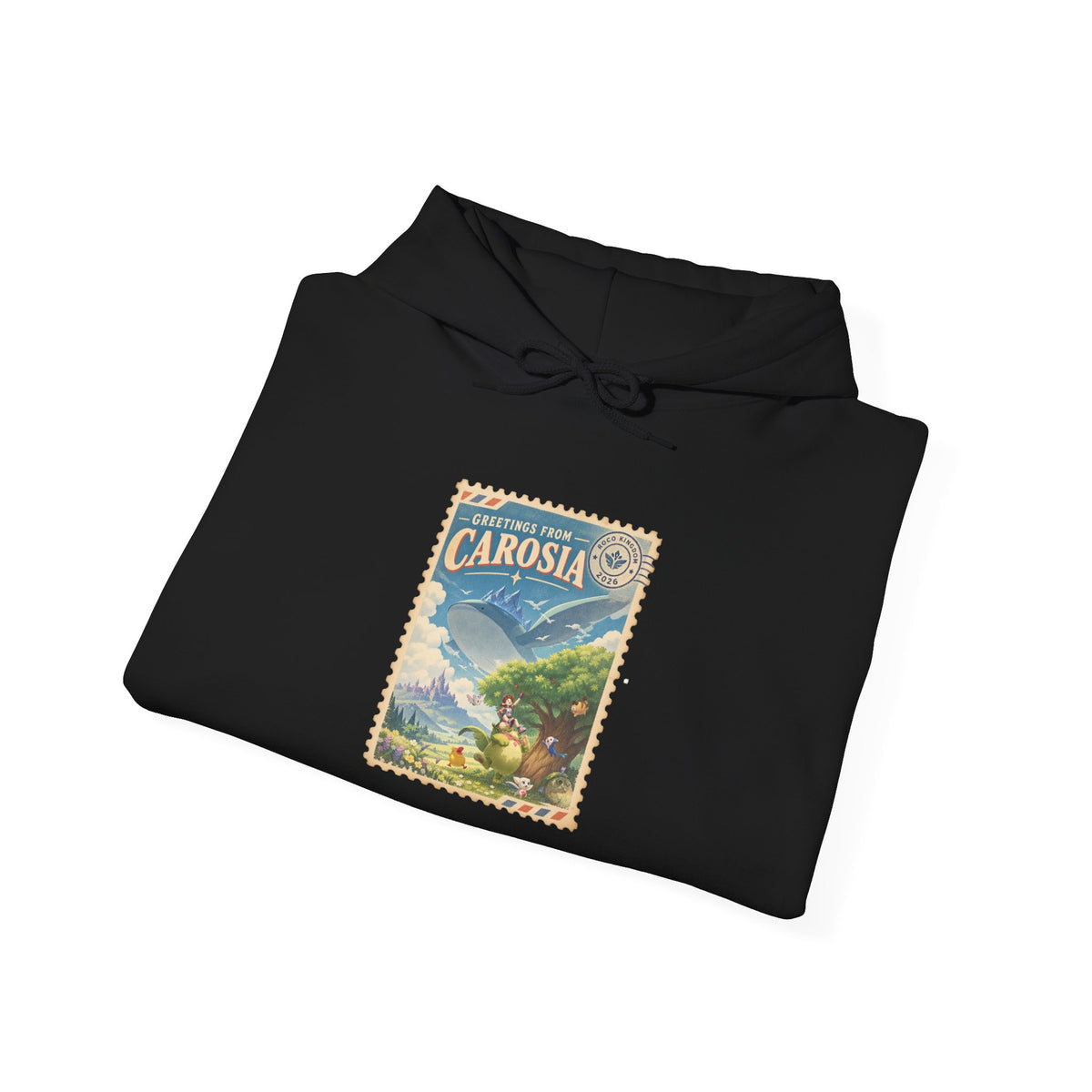 Carosia postcard hoodie in black, folded – Carosia Postcard design, official Roco Kingdom merch