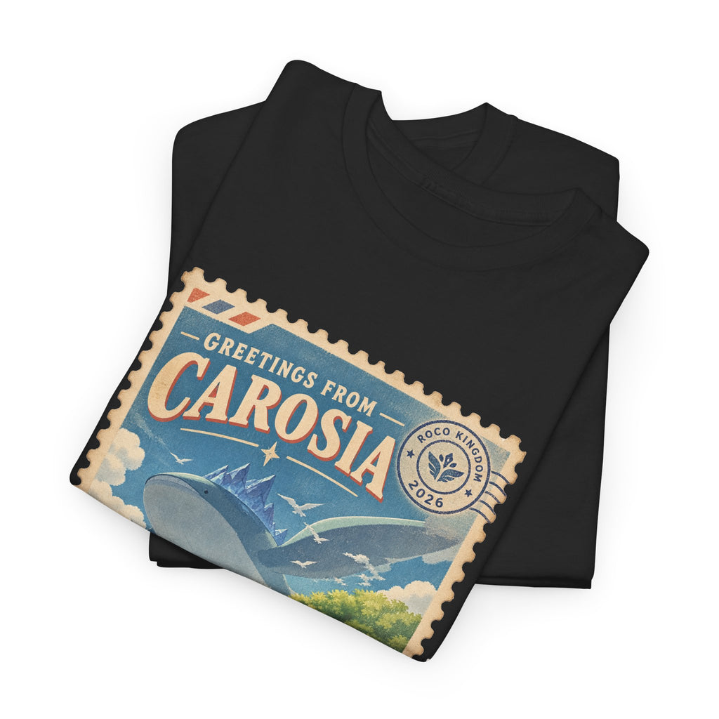 Carosia postcard tee in black, folded – Carosia Postcard design, official Roco Kingdom merch