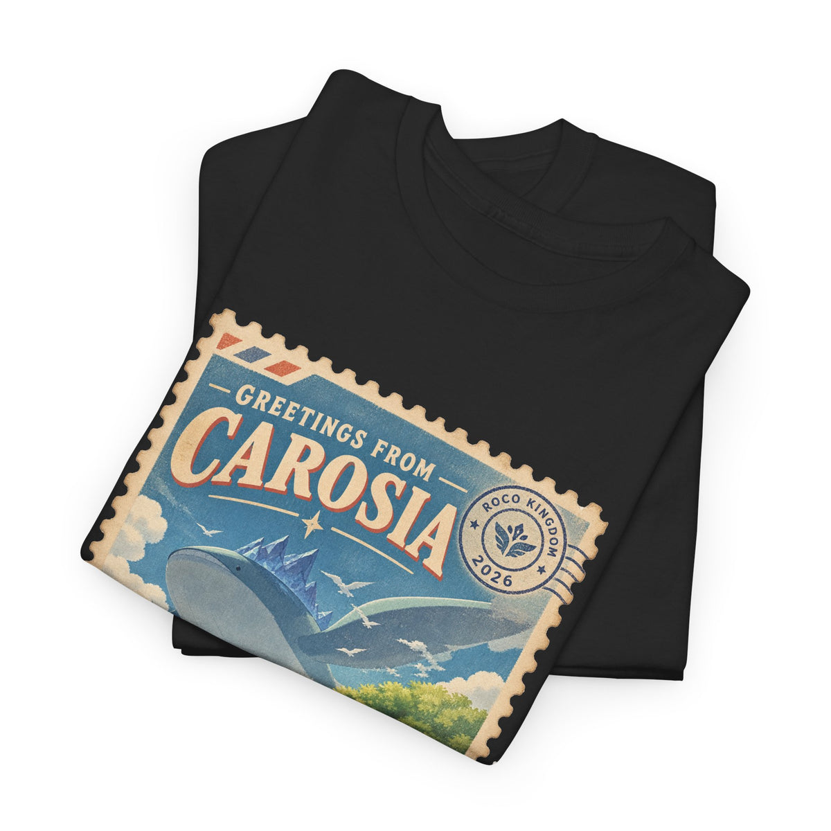 Carosia postcard tee in black, folded – Carosia Postcard design, official Roco Kingdom merch