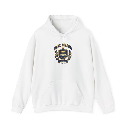 Magic Academy varsity sweatshirt in white, front view – Magic Academy Varsity design, official Roco Kingdom merch