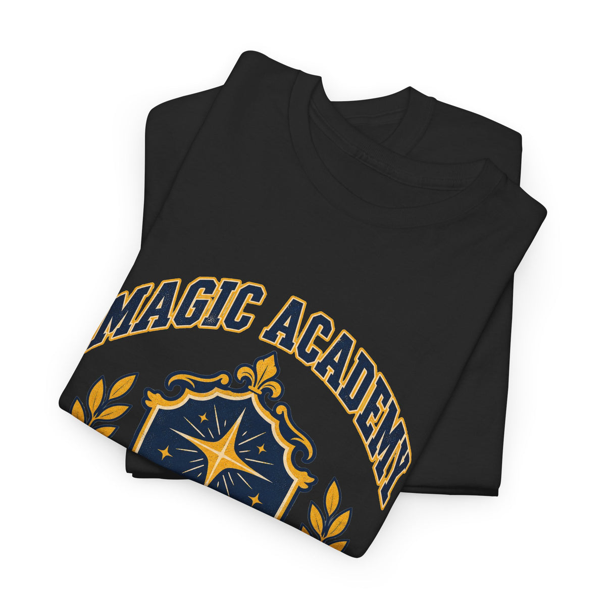Magic Academy shirt in black, folded – Magic Academy Crest design, official Roco Kingdom merch