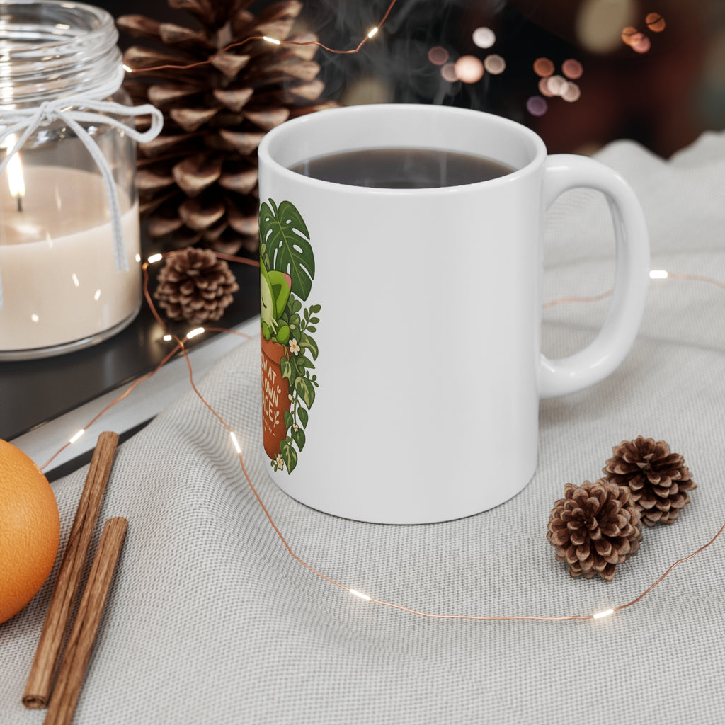 Meevy mug, on a desk – Grow at Your Own Pace design, official Roco Kingdom merch