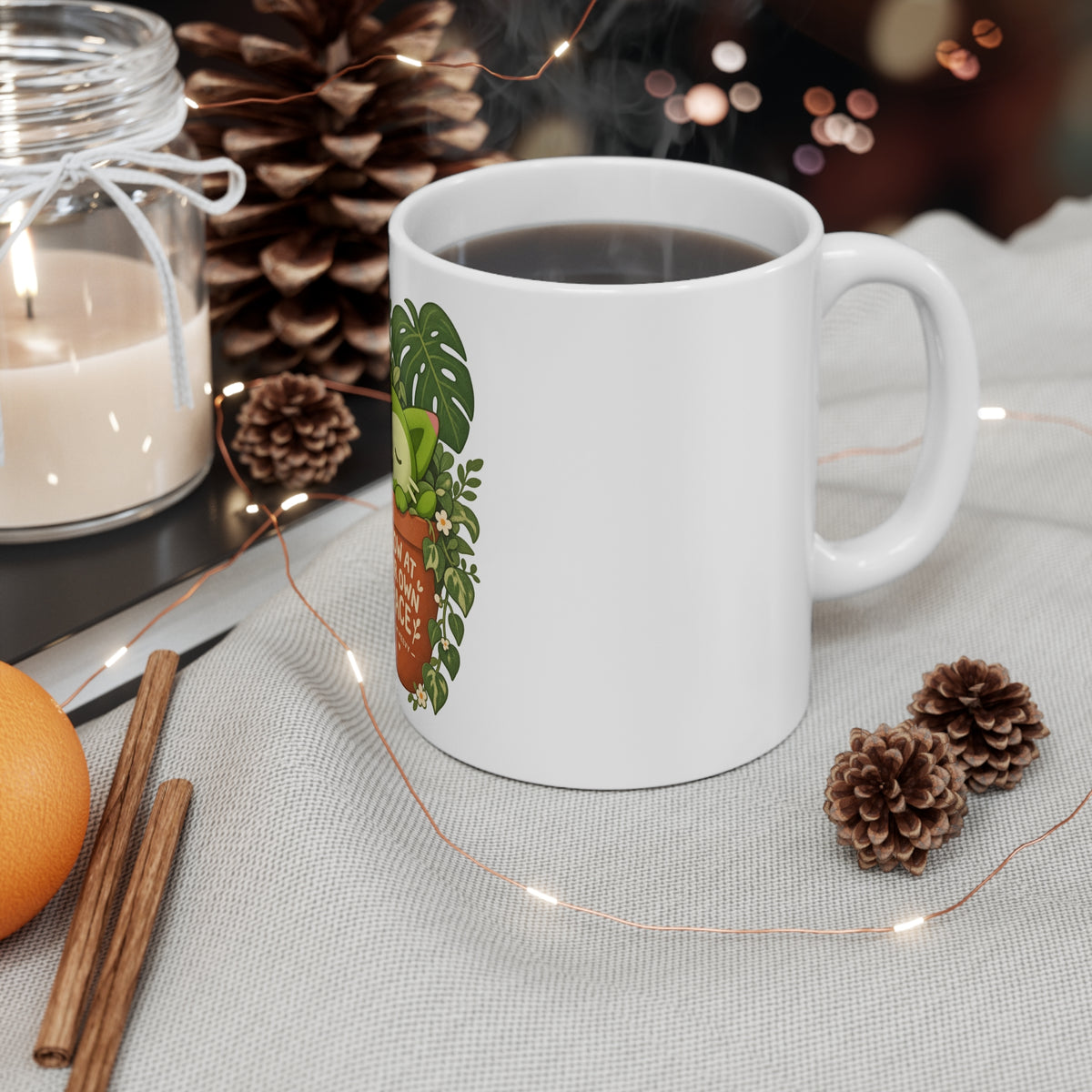 Meevy mug, on a desk – Grow at Your Own Pace design, official Roco Kingdom merch