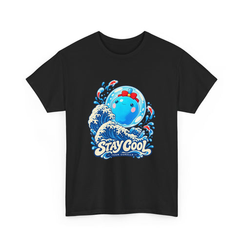 Cerulla water type tee in white, back view – Cerulla Big Wave design, official Roco Kingdom merch