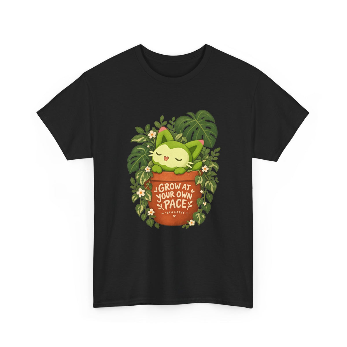 Team Meevy shirt in white, back view – Meevy Grow at Your Own Pace design, official Roco Kingdom merch