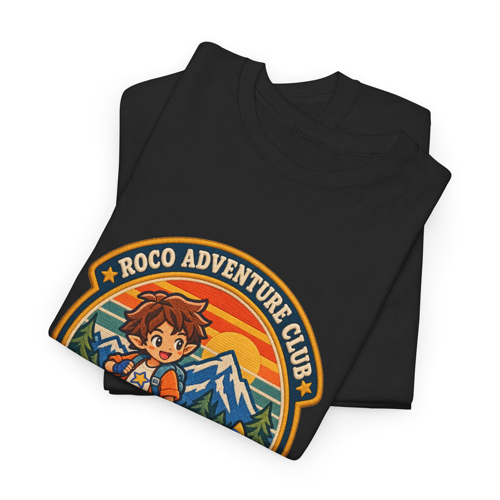 Explore Carosia tee in black, folded – Explore Carosia Badge design, official Roco Kingdom merch