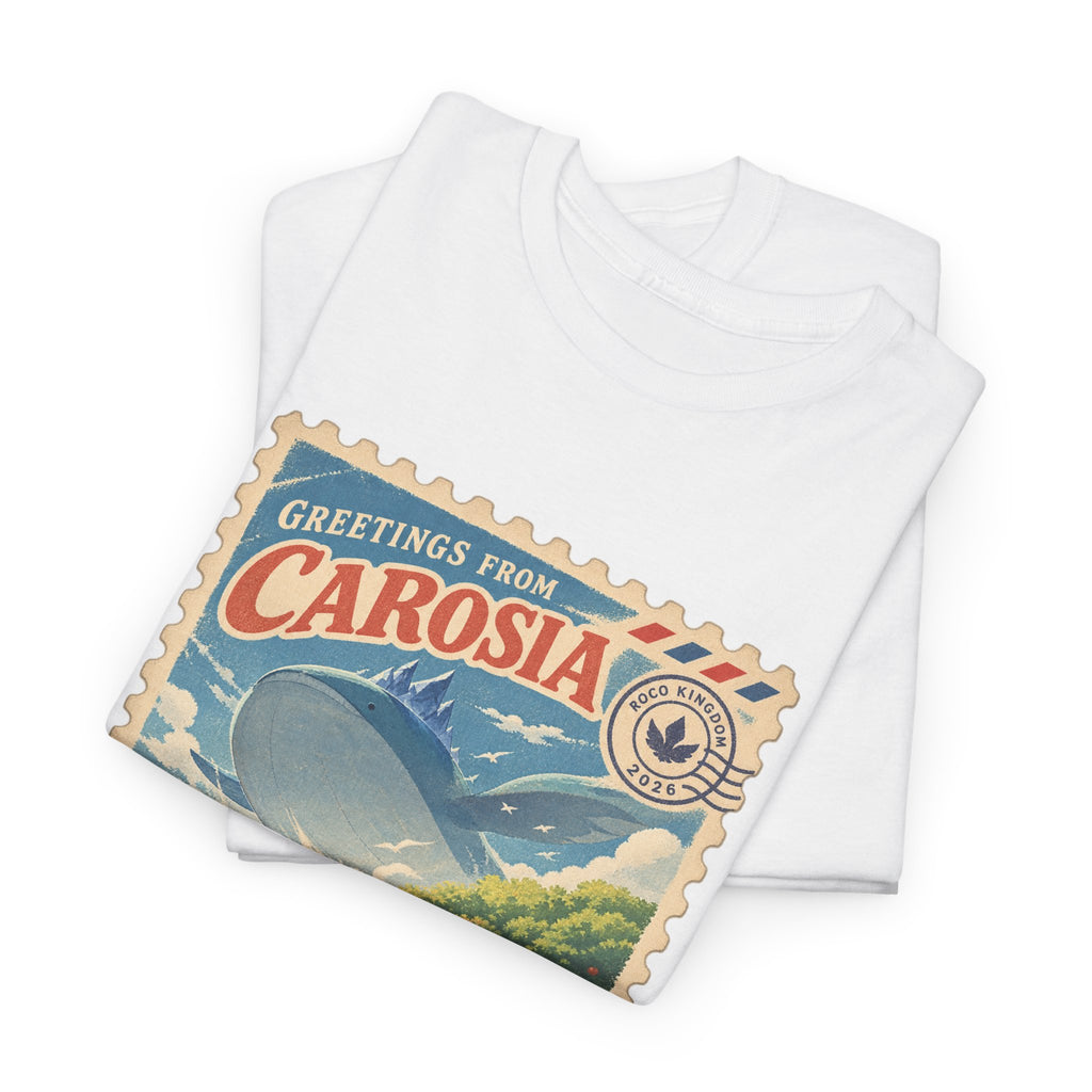 Carosia stamp shirt in white, folded – Greetings from Carosia Stamp design, official Roco Kingdom merch