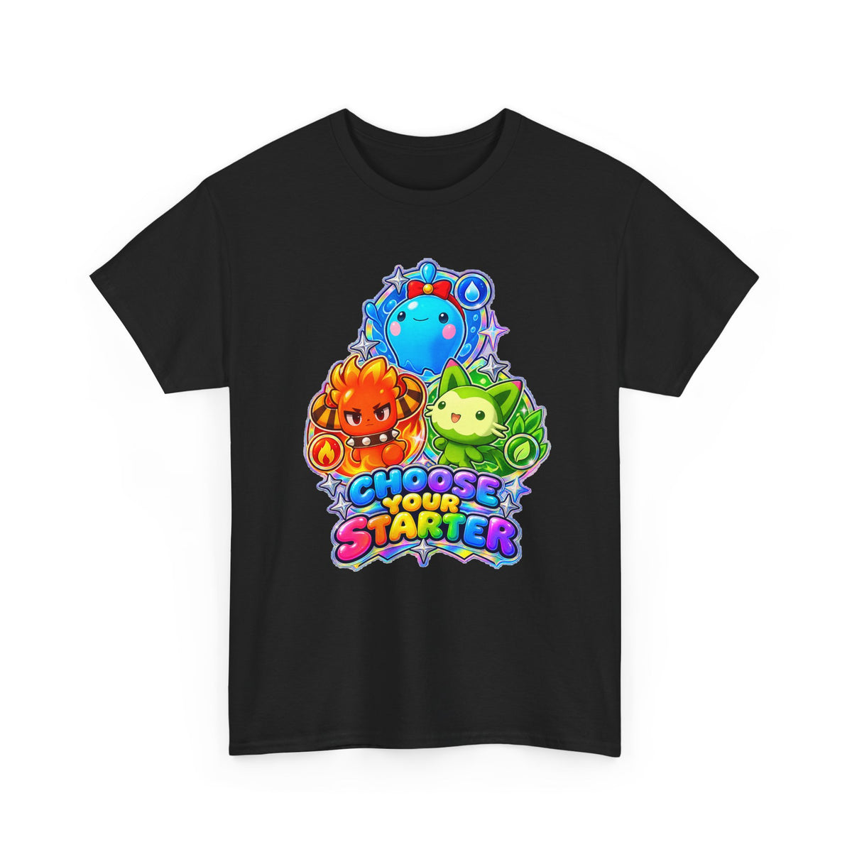 Holo starters tee in white, back view – Choose Your Starter Holo design, official Roco Kingdom merch