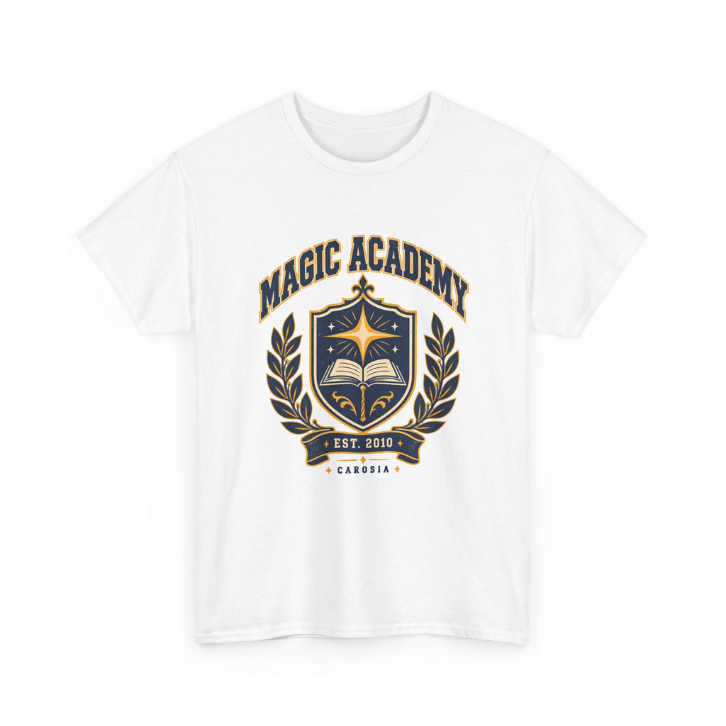 Magic Academy varsity tee in white, front view – Magic Academy Varsity design, official Roco Kingdom merch
