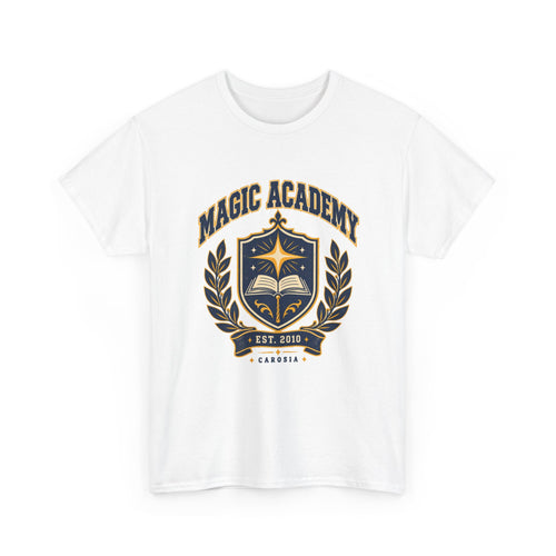Magic Academy varsity tee in white, front view – Magic Academy Varsity design, official Roco Kingdom merch