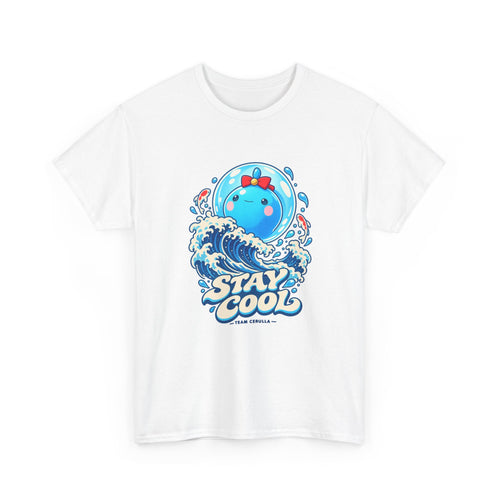 Team Cerulla shirt in white, front view – Cerulla Stay Cool design, official Roco Kingdom merch