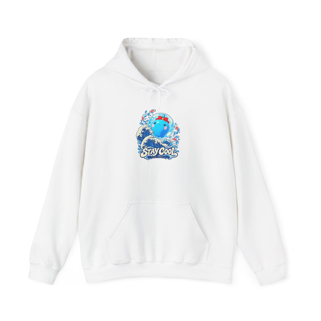 Roco Kingdom water type hoodie in white, front view – Cerulla Big Wave design, official Roco Kingdom merch