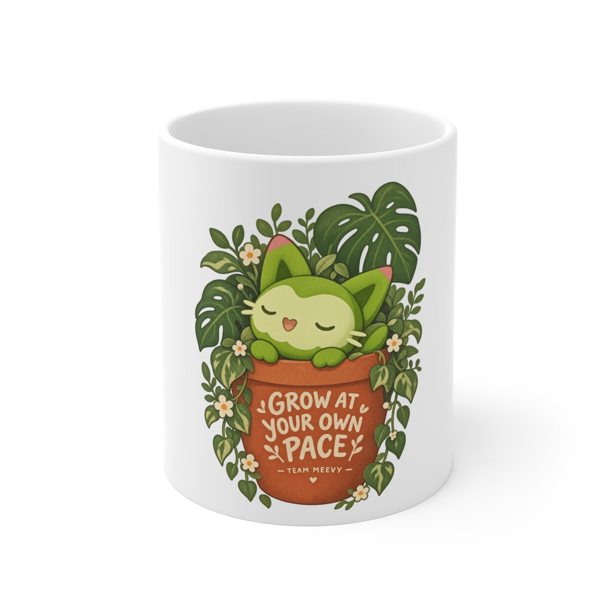 Meevy mug, front view – Grow at Your Own Pace design, official Roco Kingdom merch