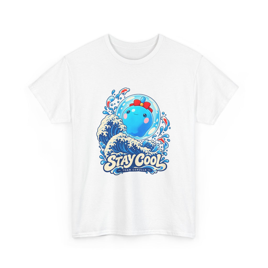 Cerulla water type tee in white, front view – Cerulla Big Wave design, official Roco Kingdom merch