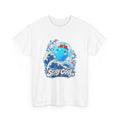 Cerulla water type tee in white, front view – Cerulla Big Wave design, official Roco Kingdom merch