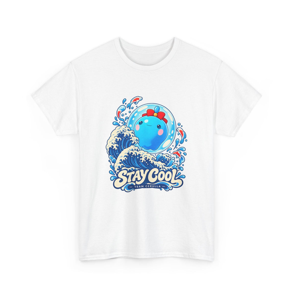 Cerulla water type tee in white, front view – Cerulla Big Wave design, official Roco Kingdom merch
