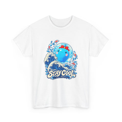 Cerulla water type tee in white, front view – Cerulla Big Wave design, official Roco Kingdom merch