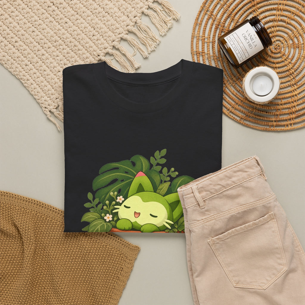 Meevy grass type tee in black, folded – Meevy Jungle Pot design, official Roco Kingdom merch