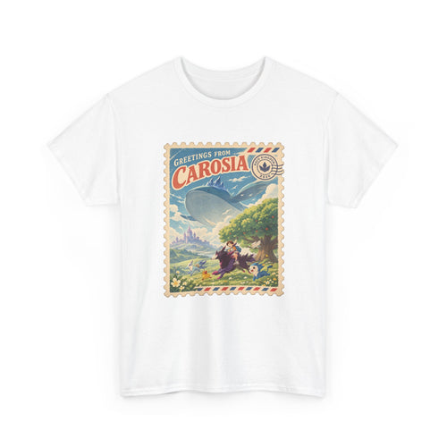 Carosia stamp shirt in white, front view – Greetings from Carosia Stamp design, official Roco Kingdom merch