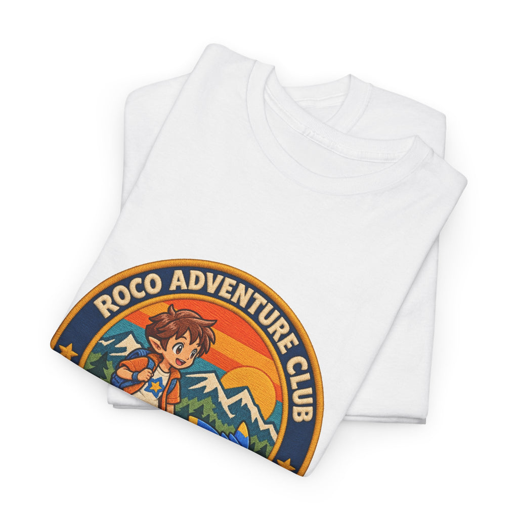 Roco trainer shirt in white, folded – Roco Adventure Club design, official Roco Kingdom merch