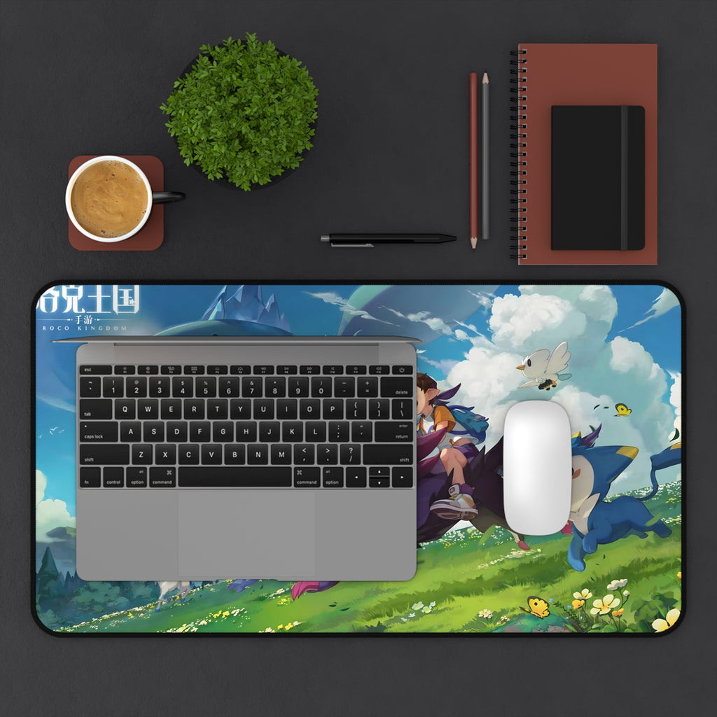 Roco Kingdom key art desk mat, on a desk – Sky Whale & Demon Wolf design, official Roco Kingdom merch