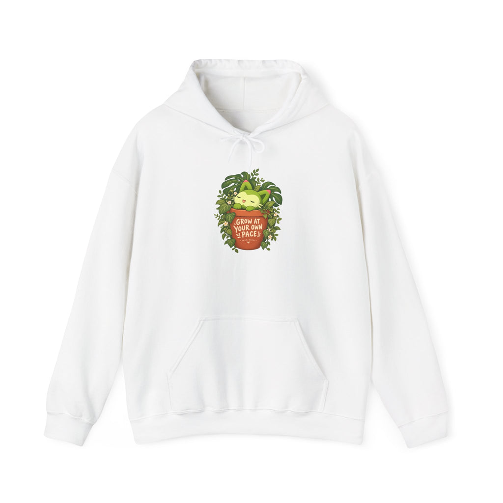 Meevy grass type hoodie in white, front view – Meevy Jungle Pot design, official Roco Kingdom merch