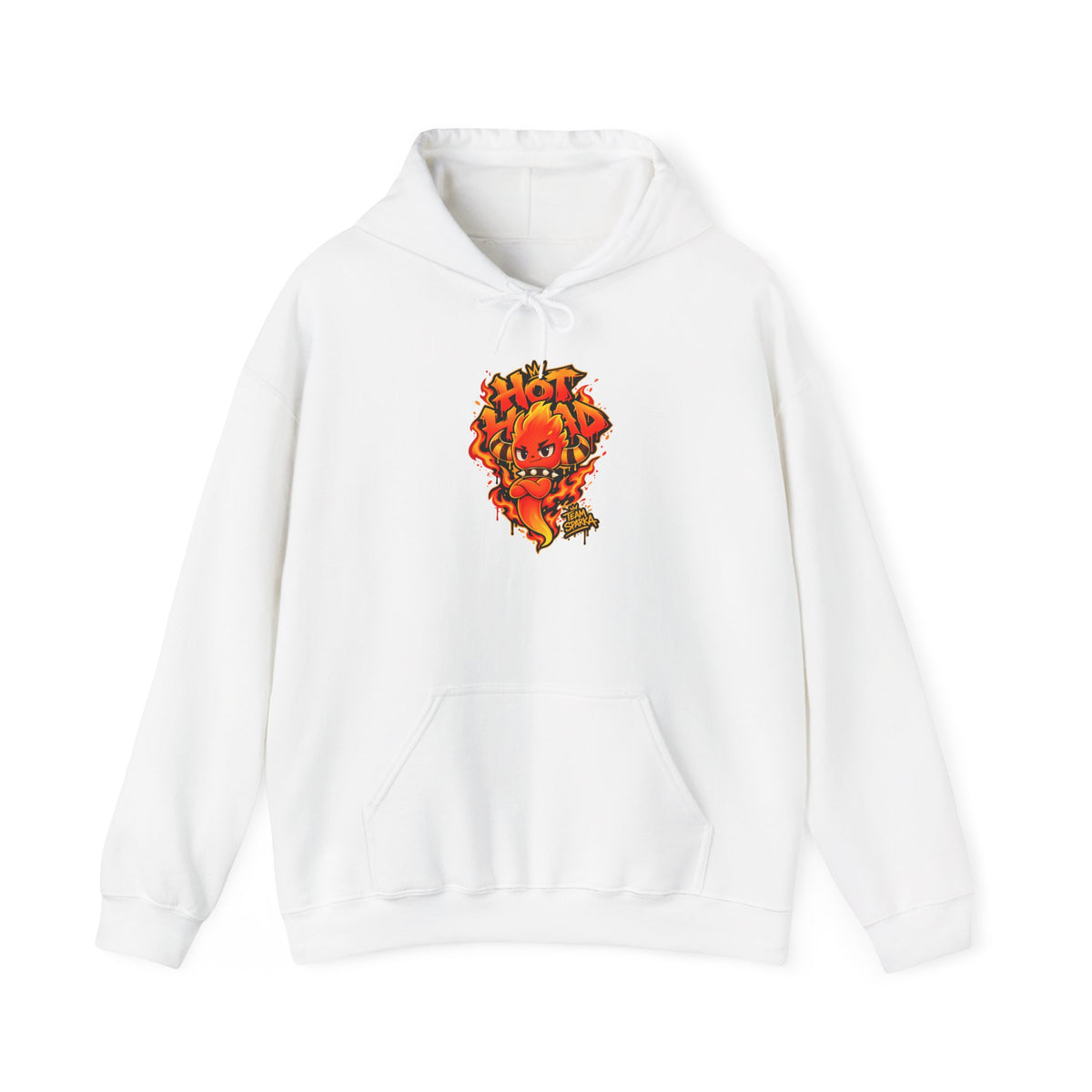 Sparka fire type hoodie in white, front view – Sparka Hot Head Graffiti design, official Roco Kingdom merch