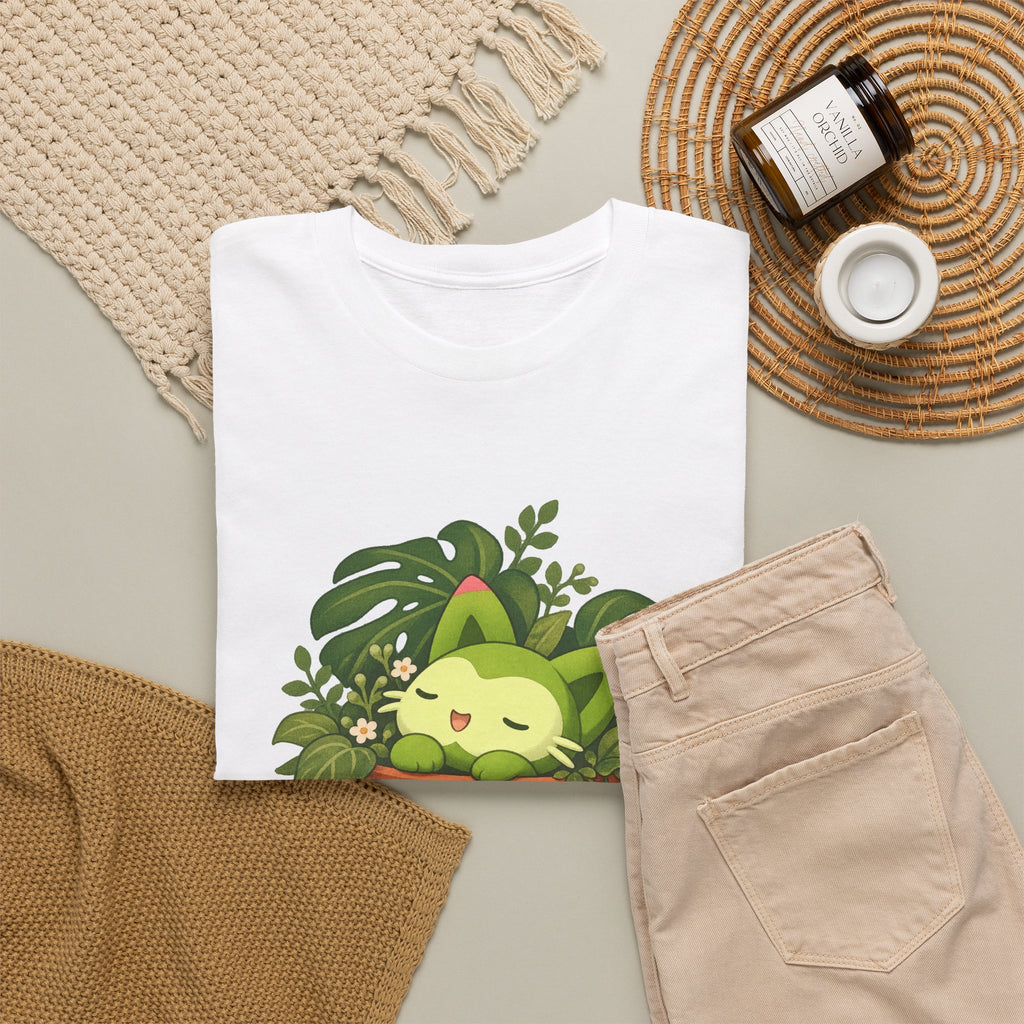 Meevy grass type tee in black, front view – Meevy Jungle Pot design, official Roco Kingdom merch