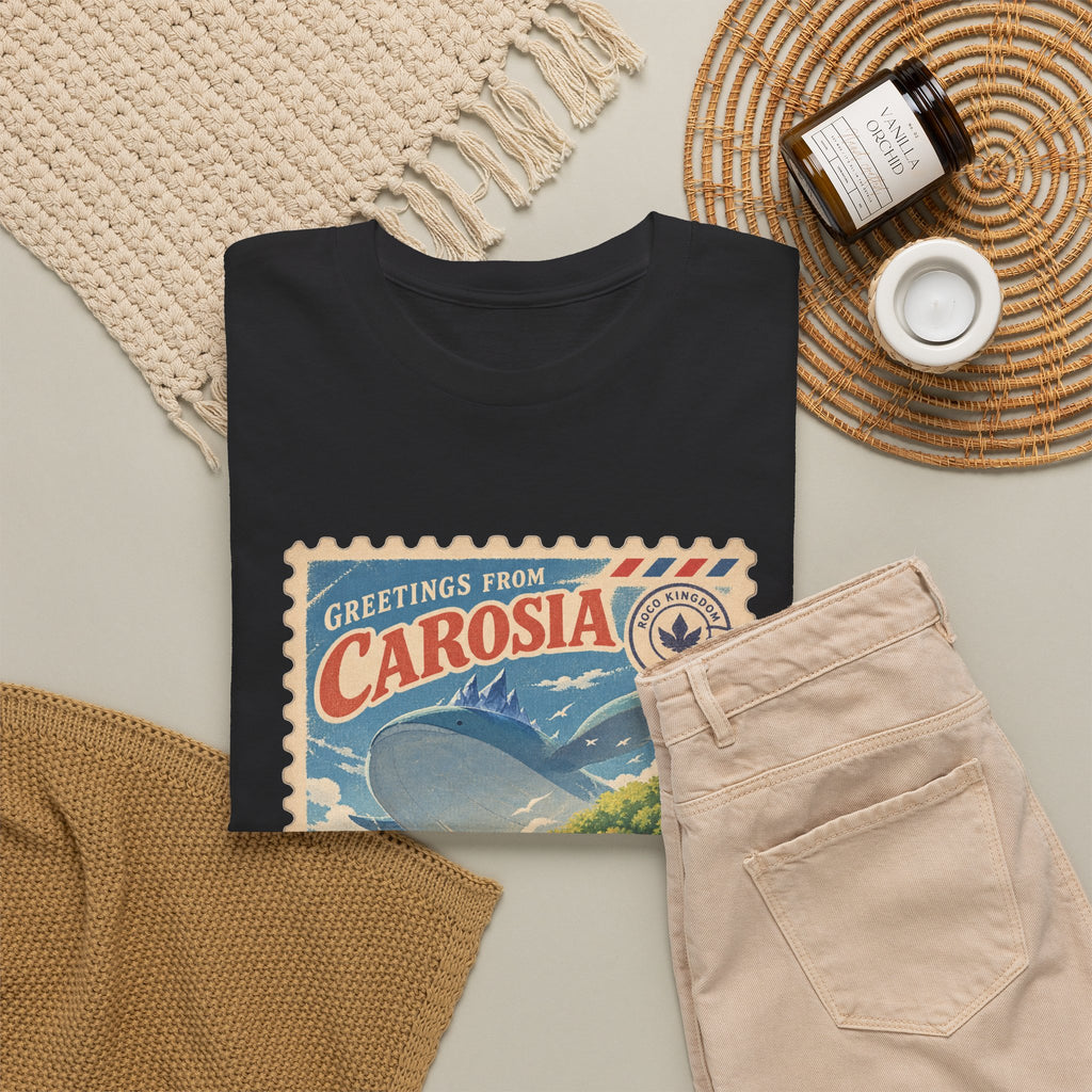 Carosia stamp shirt in black, folded – Greetings from Carosia Stamp design, official Roco Kingdom merch
