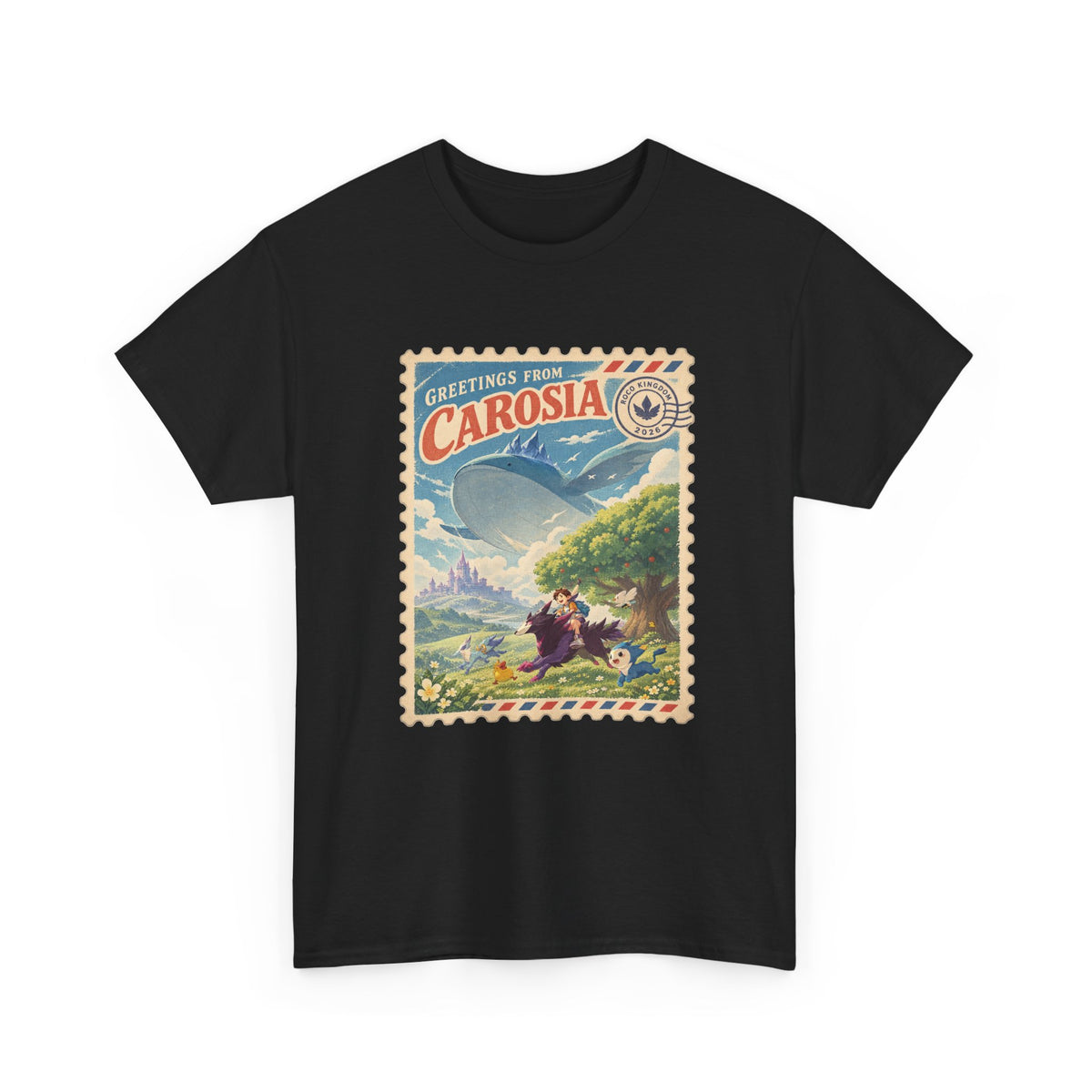 Carosia stamp shirt in white, back view – Greetings from Carosia Stamp design, official Roco Kingdom merch