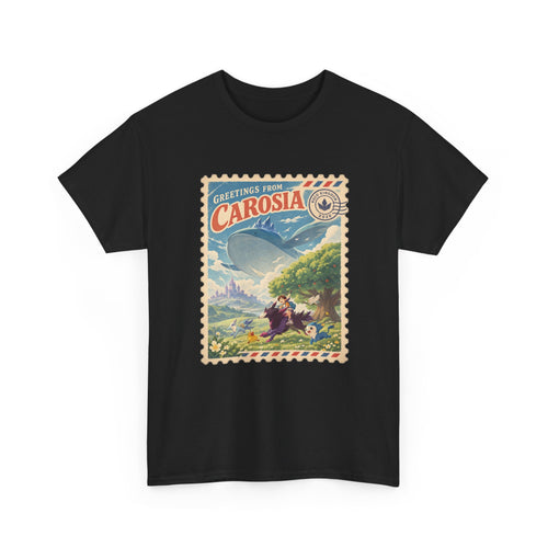 Carosia stamp shirt in white, back view – Greetings from Carosia Stamp design, official Roco Kingdom merch