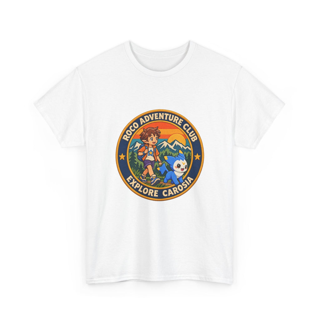 Roco trainer shirt in white, front view – Roco Adventure Club design, official Roco Kingdom merch