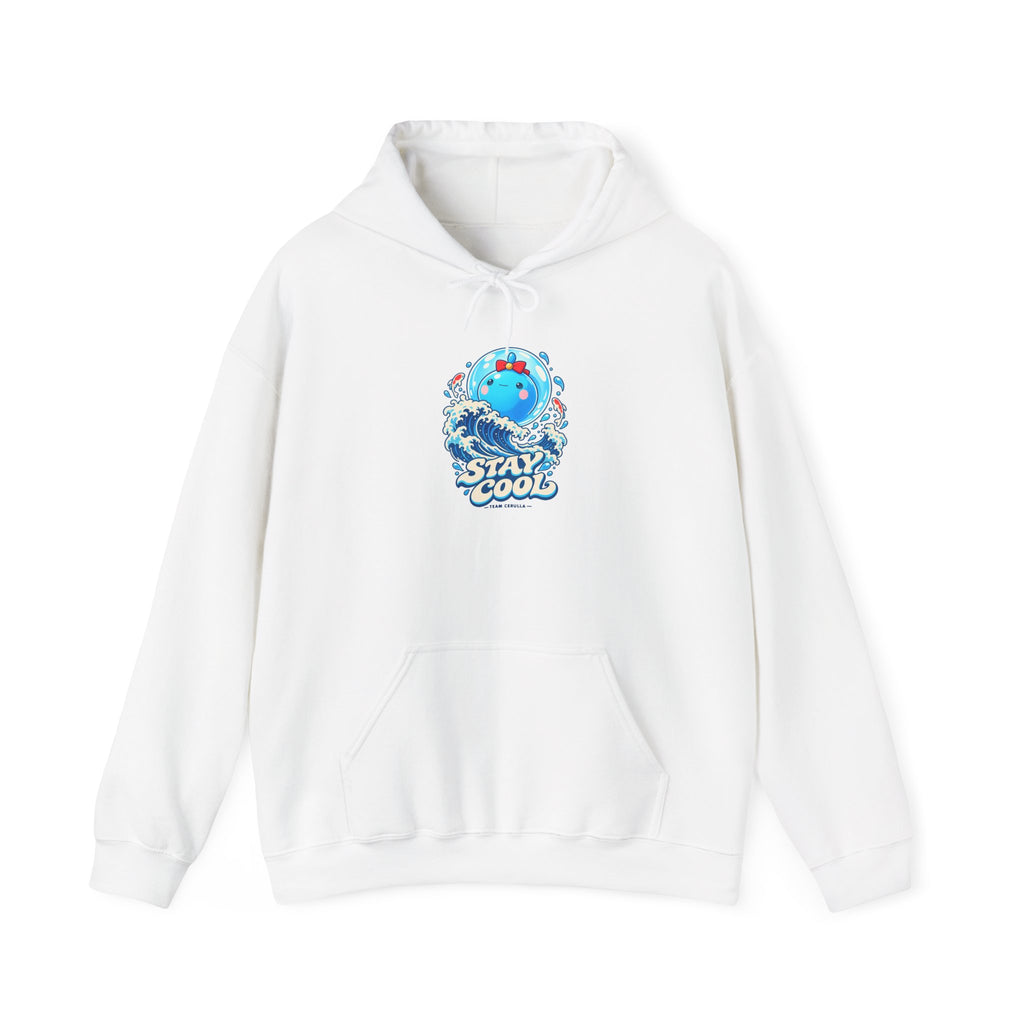Team Cerulla hoodie in white, front view – Cerulla Stay Cool design, official Roco Kingdom merch