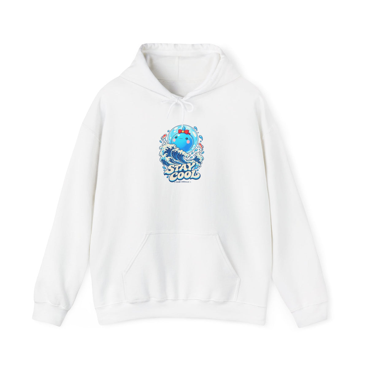 Team Cerulla hoodie in white, front view – Cerulla Stay Cool design, official Roco Kingdom merch