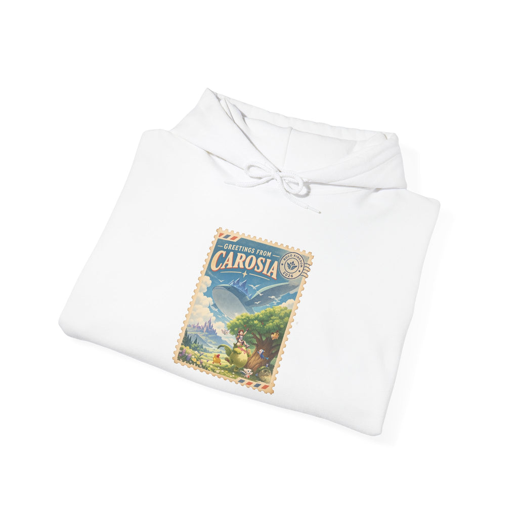 Carosia postcard hoodie in black, front view – Carosia Postcard design, official Roco Kingdom merch
